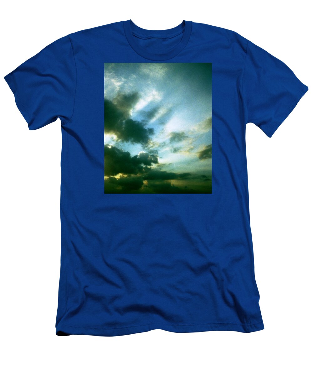 #sunset #stormy #sky #many #clouds #shades #shadows #beams #rays #golden T-Shirt featuring the photograph Golden Heavenly Rays by Belinda Lee