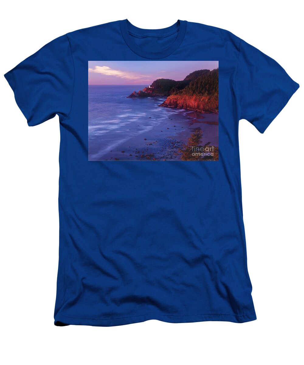 North America T-Shirt featuring the photograph Heceta Head Lighthouse at Sunset Oregon coast by Dave Welling