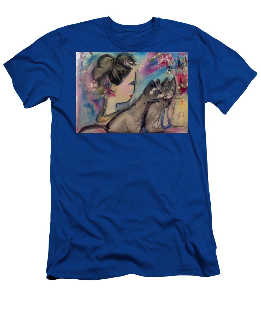 Felines T-Shirt featuring the painting Japanese lady and felines by Judith Desrosiers