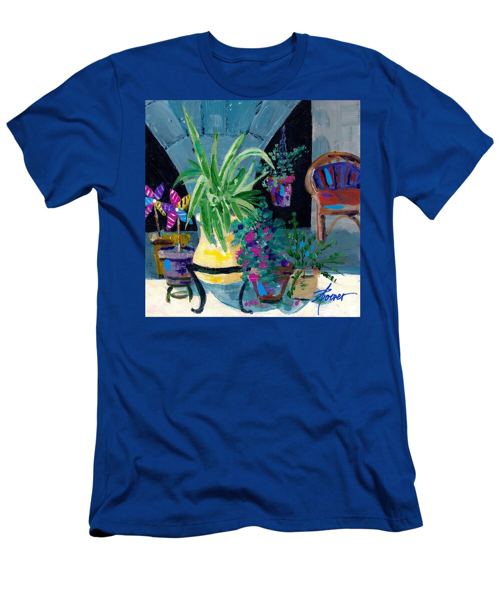 Pot Plants T-Shirt featuring the painting Library Courtyard-Rhodes Old Town by Adele Bower