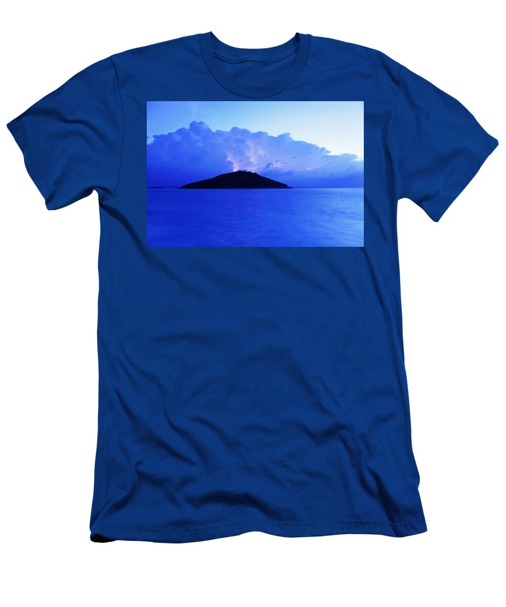 Losinj T-Shirt featuring the photograph Lightning at dawn over Veli and Mali Osir islands on Losinj by Ian Middleton