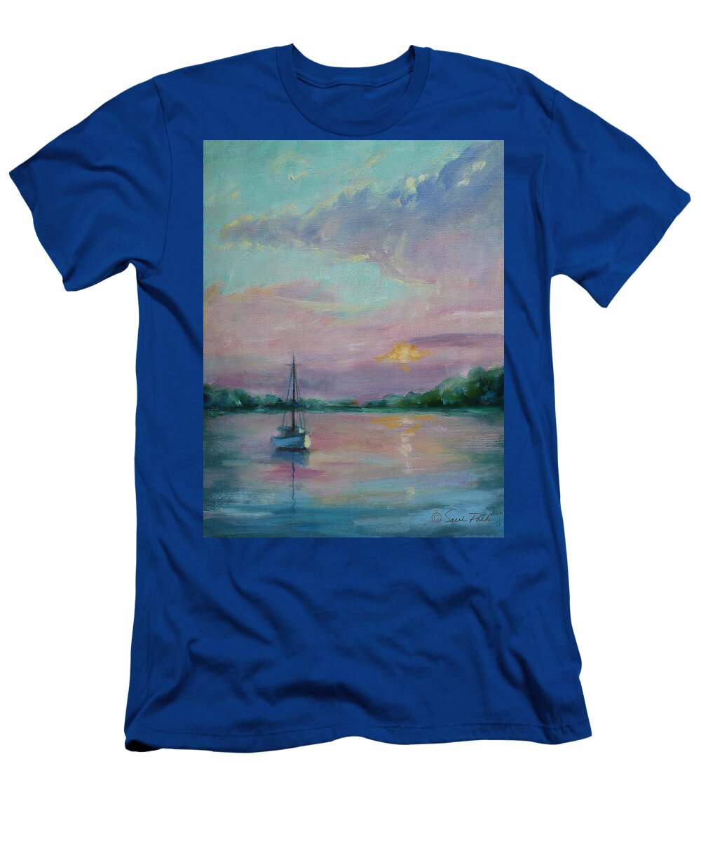 Painting T-Shirt featuring the painting Lone Boat at Sunset by Sarah Parks