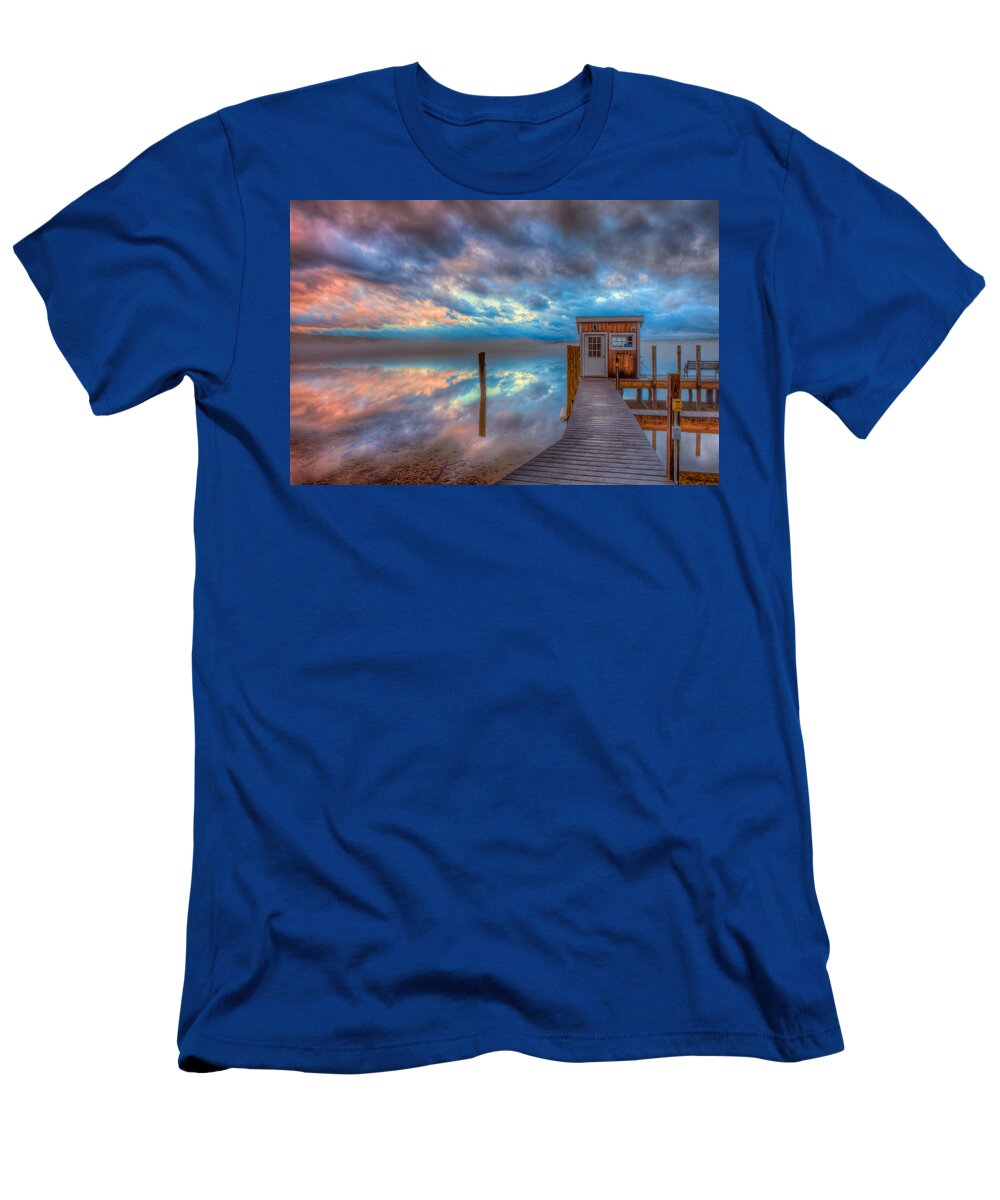 New England T-Shirt featuring the photograph Melvin Village Marina in the Fog by Brenda Jacobs