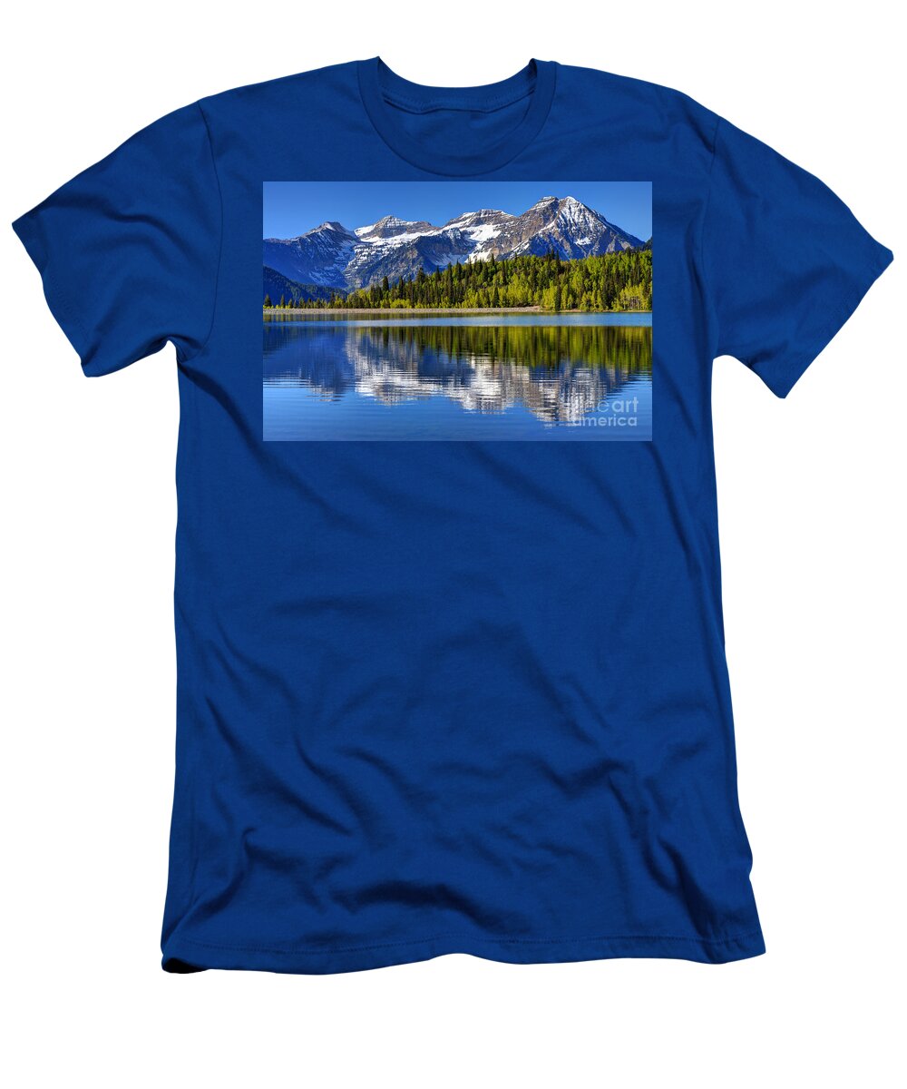 Timpanogos T-Shirt featuring the photograph Mt. Timpanogos Reflected in Silver Flat Reservoir - Utah by Gary Whitton