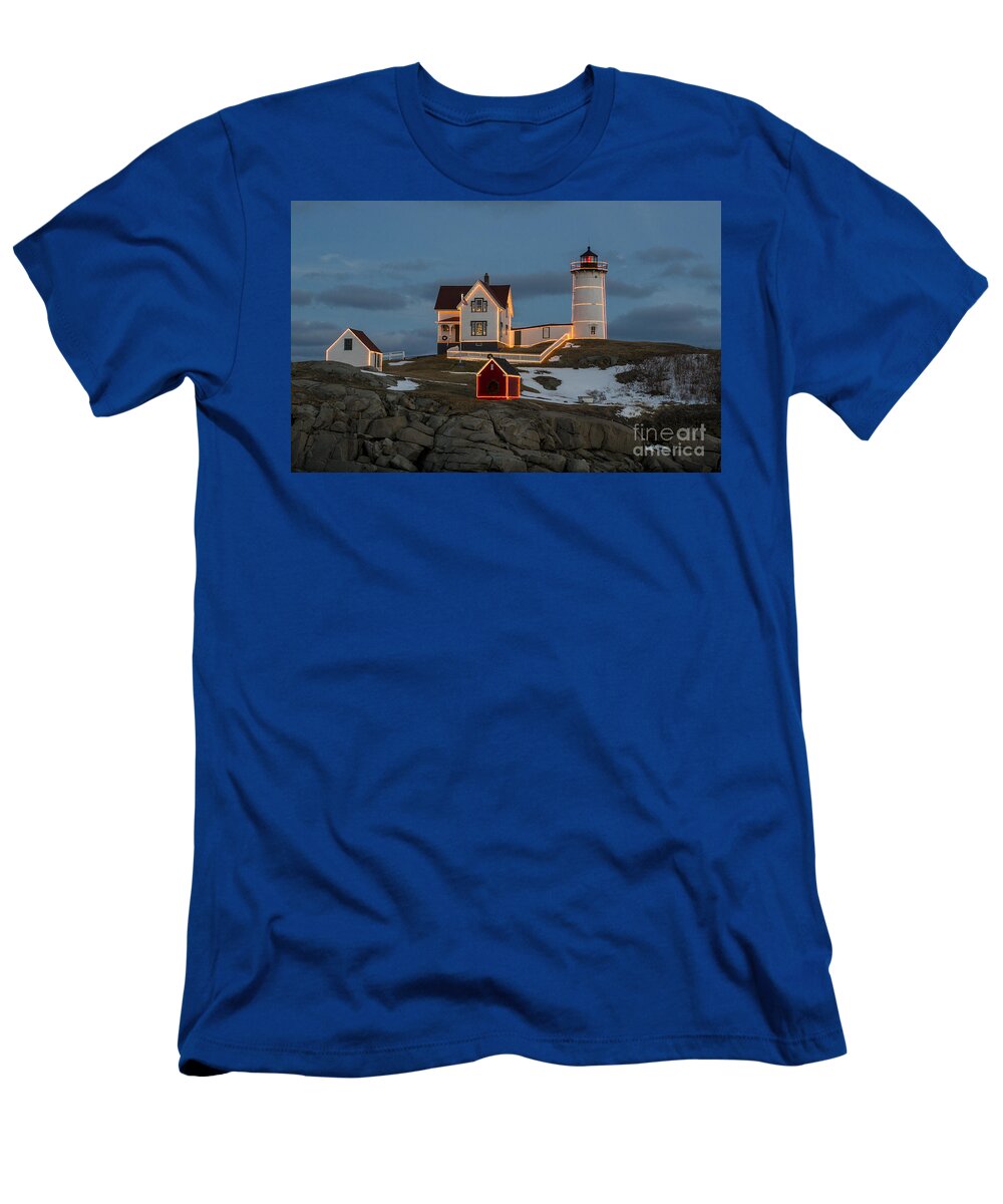 Lighthouse T-Shirt featuring the photograph Nubble lighthouse at Christmas by Steven Ralser