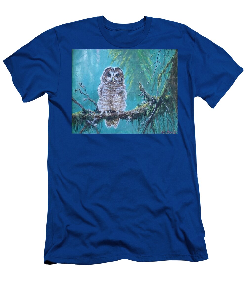 Owl In The Woods T-Shirt featuring the painting Owl in the woods by Perry's Fine Art