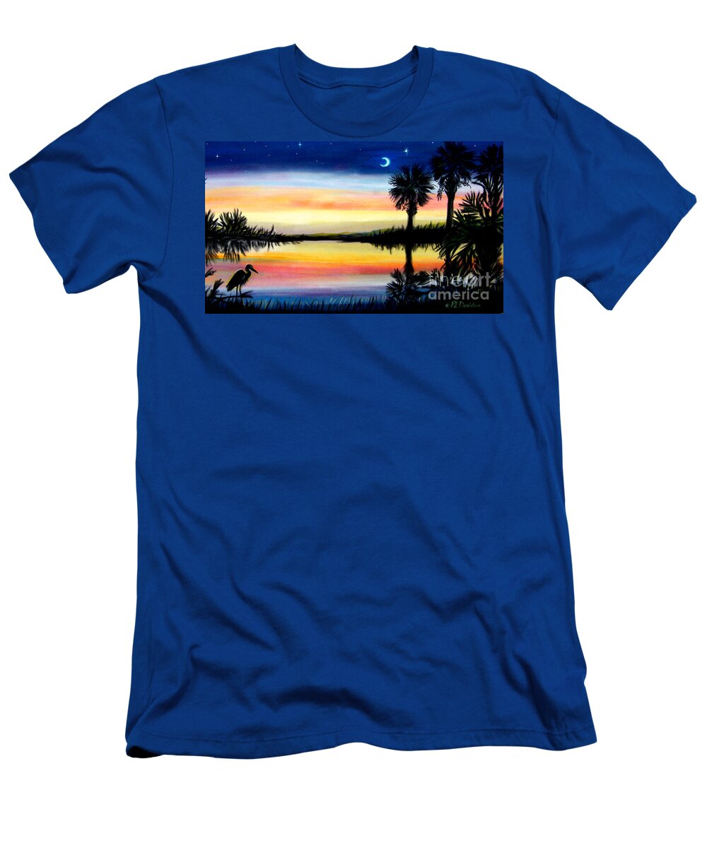 Palmetto Tree T-Shirt featuring the painting Palmetto Tree Moon And Stars Low Country Sunset iii by Pat Davidson