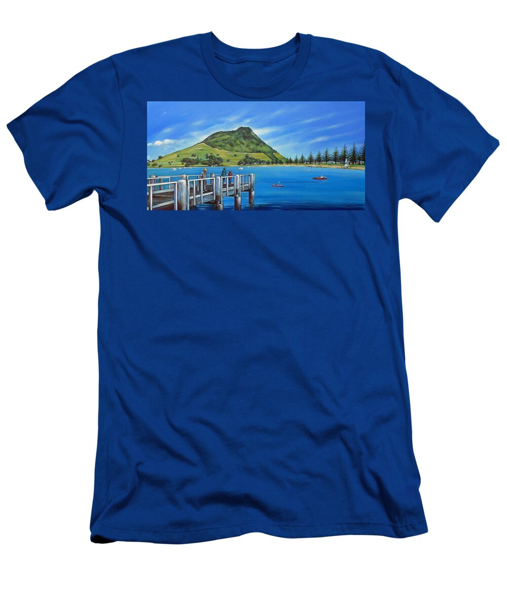 Pier T-Shirt featuring the painting Pilot Bay Mt Maunganui 201214 #1 by Selena Boron