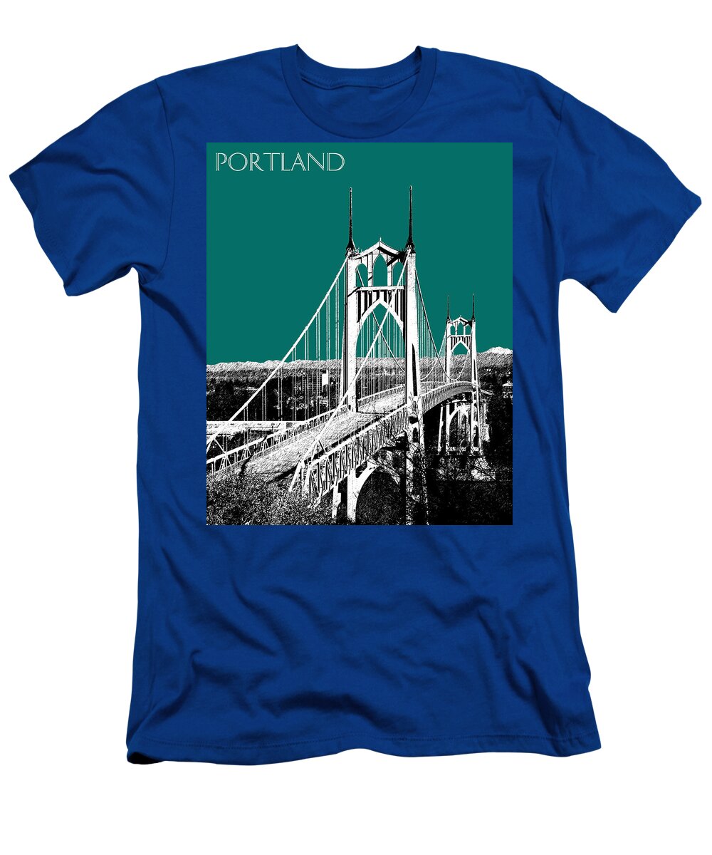 Architecture T-Shirt featuring the digital art Portland Skyline St. Johns Bridge - Sea Green by DB Artist