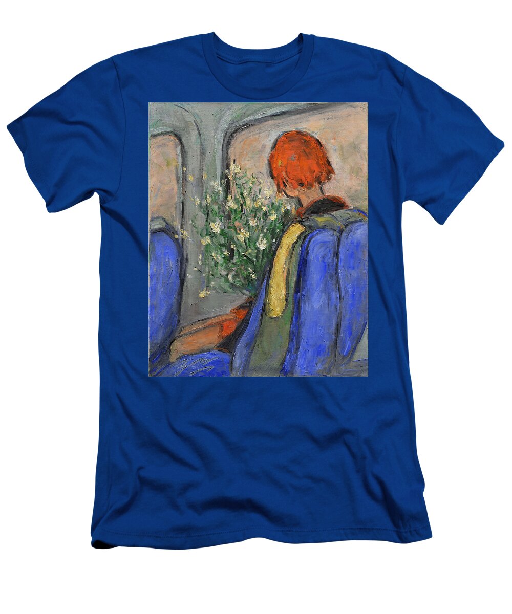 Red-haired T-Shirt featuring the painting Red-Haired Girl on a Sydney Train by Xueling Zou