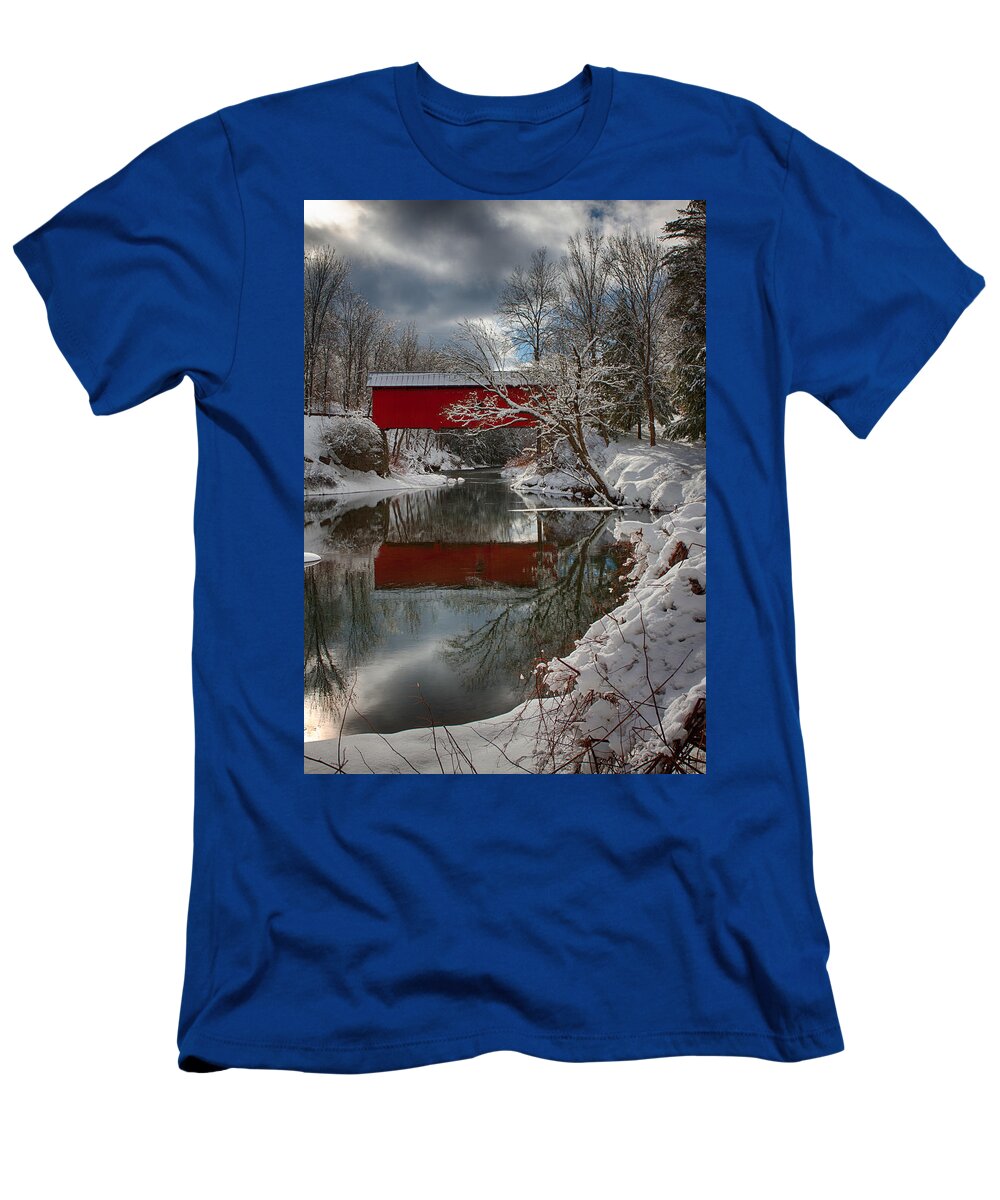Northfield Fall Covered Bridge T-Shirt featuring the photograph Reflection of Slaughterhouse covered bridge by Jeff Folger