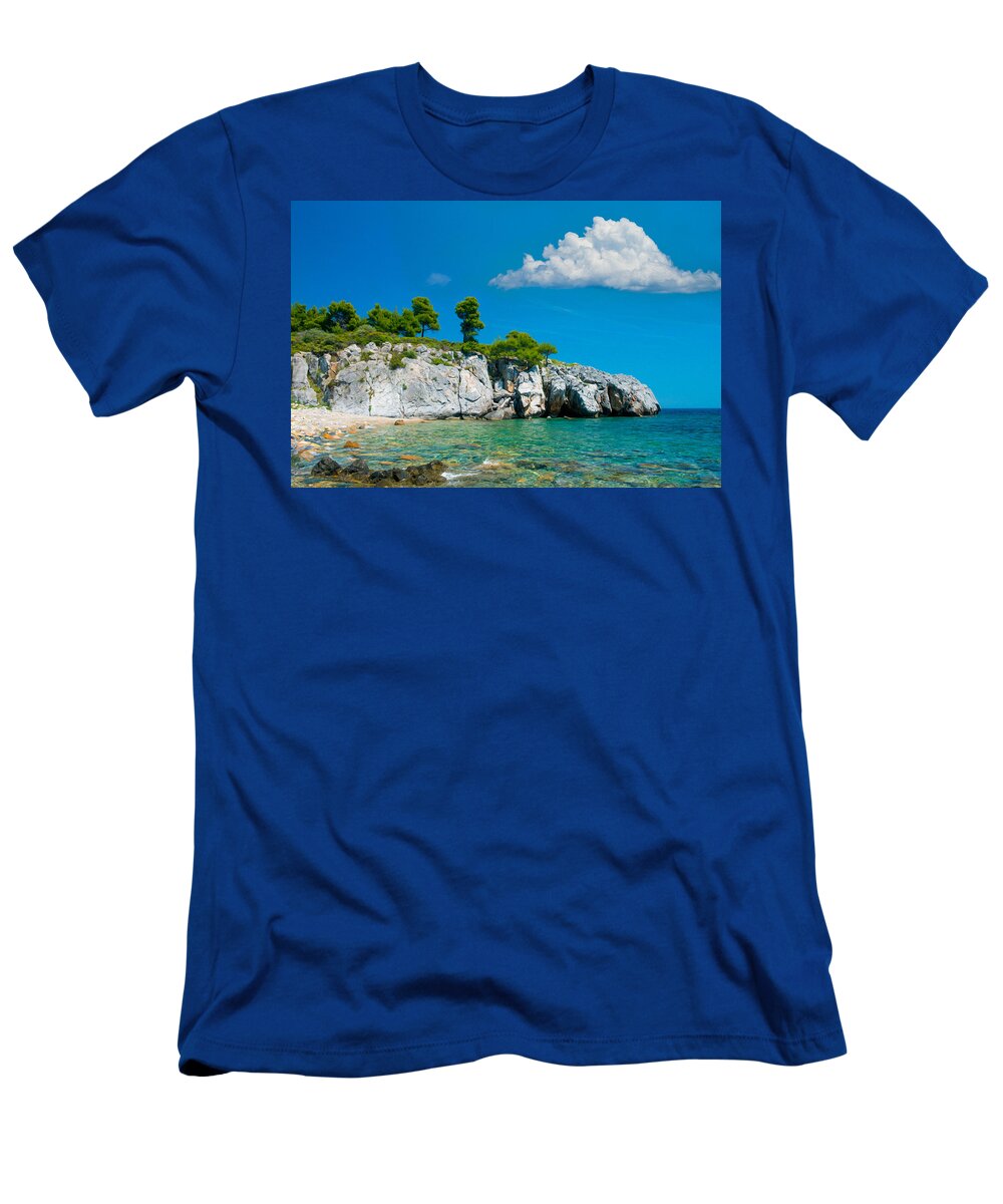 Greece T-Shirt featuring the mixed media Rocky Beach by Roy Pedersen