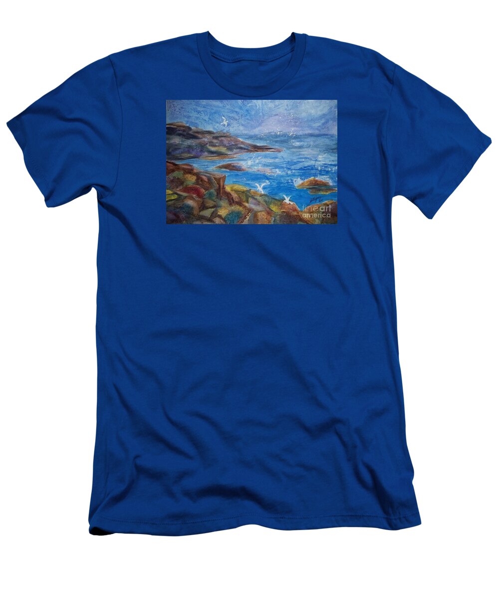 Maine Coast T-Shirt featuring the painting Rocky Shores of Maine by Ellen Levinson