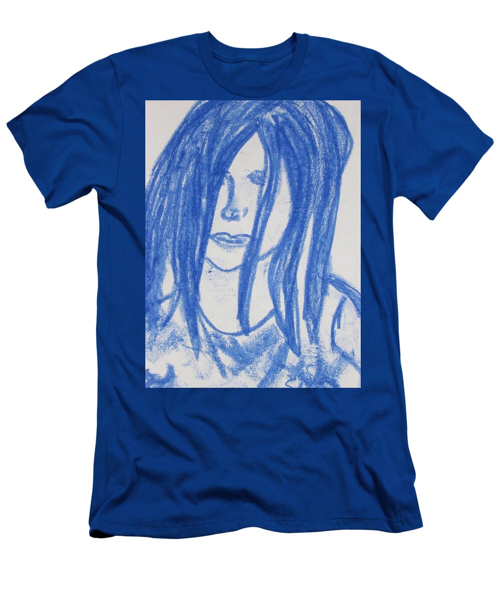 Blue T-Shirt featuring the painting Sad Little Girl by Shea Holliman