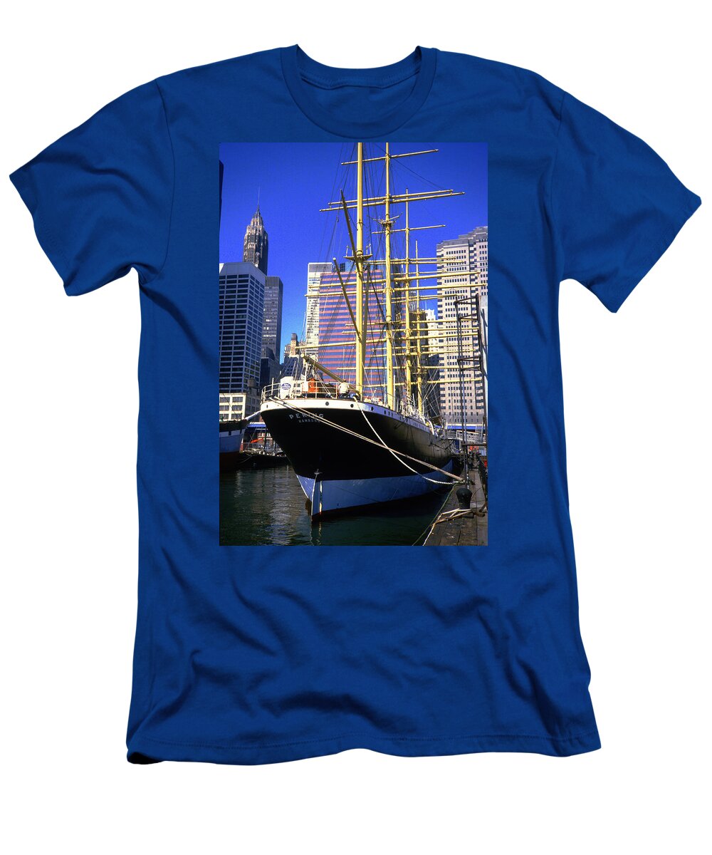 Peking T-Shirt featuring the photograph HMS Peking Sailing Boat Anchored in South Street Seaport 1984 by Gordon James