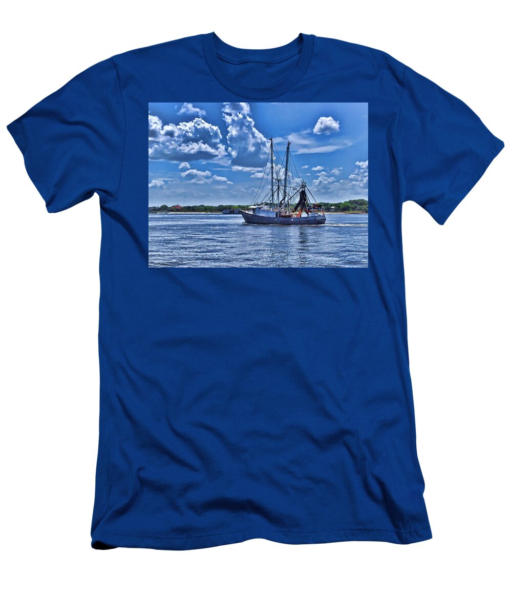 Boat T-Shirt featuring the digital art Shrimp Boat Heading to Sea by Ludwig Keck