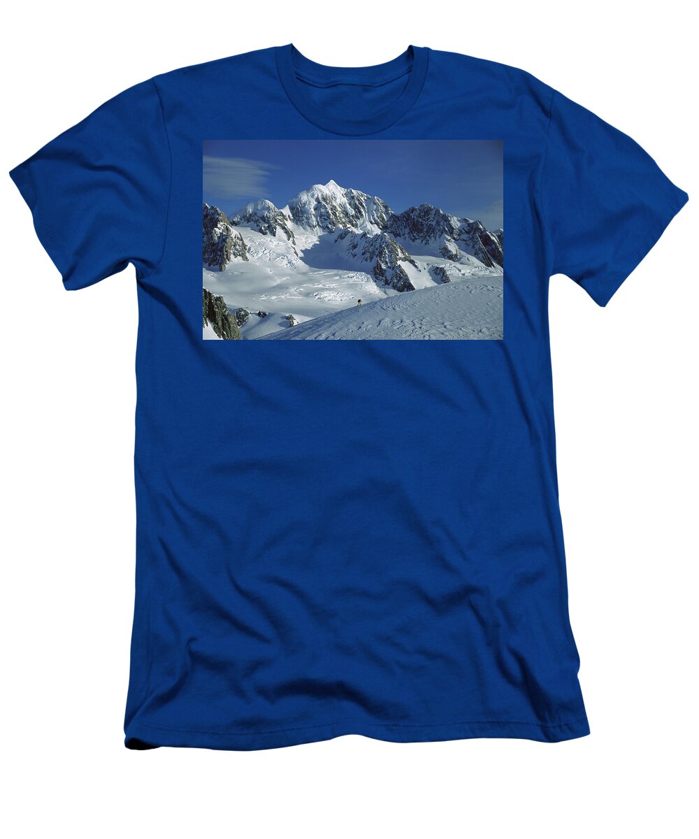 Feb0514 T-Shirt featuring the photograph Ski Mountaineer And Mt Tasman by Colin Monteath