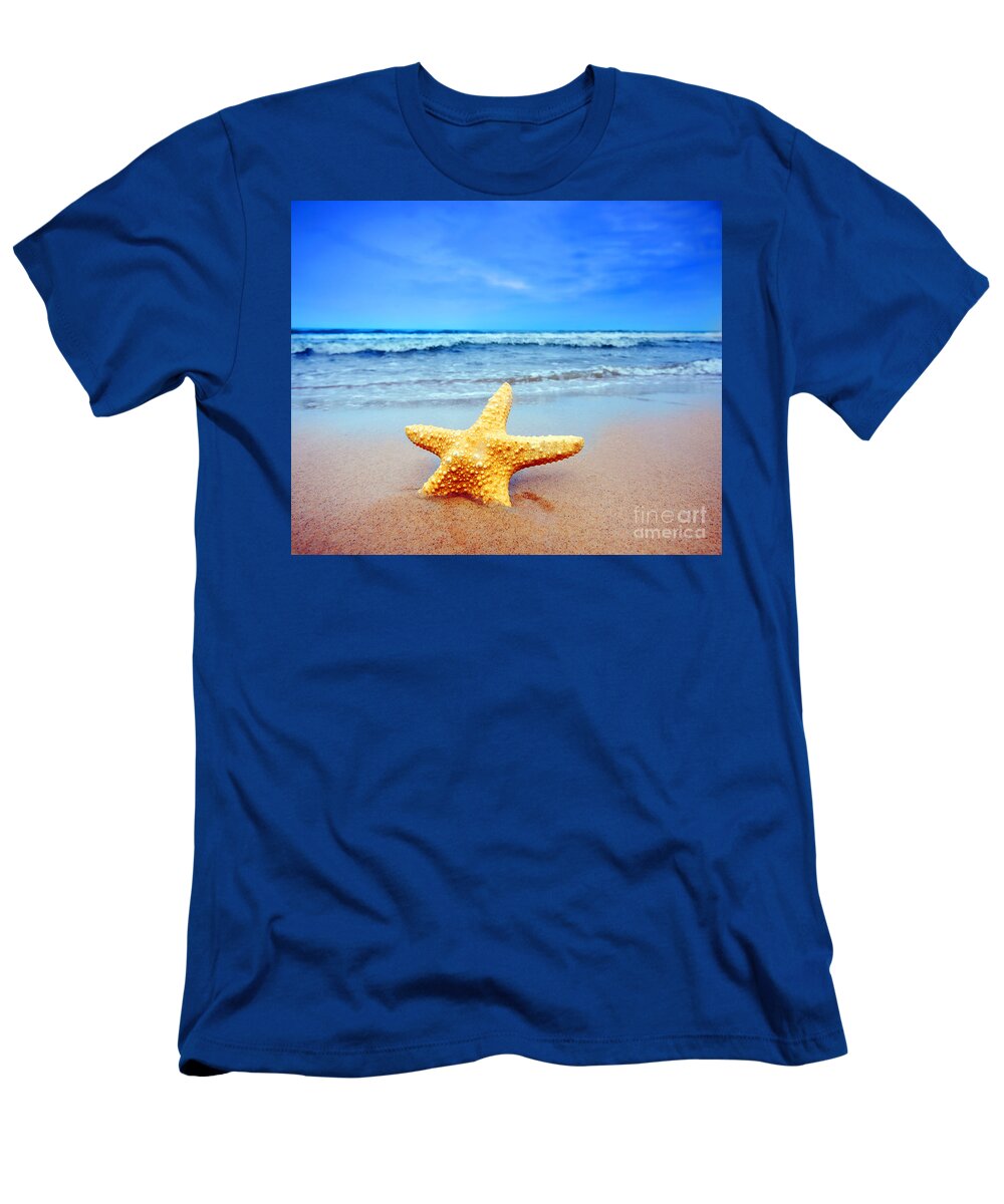 Aquatic T-Shirt featuring the photograph Starfish on a beach  by Michal Bednarek