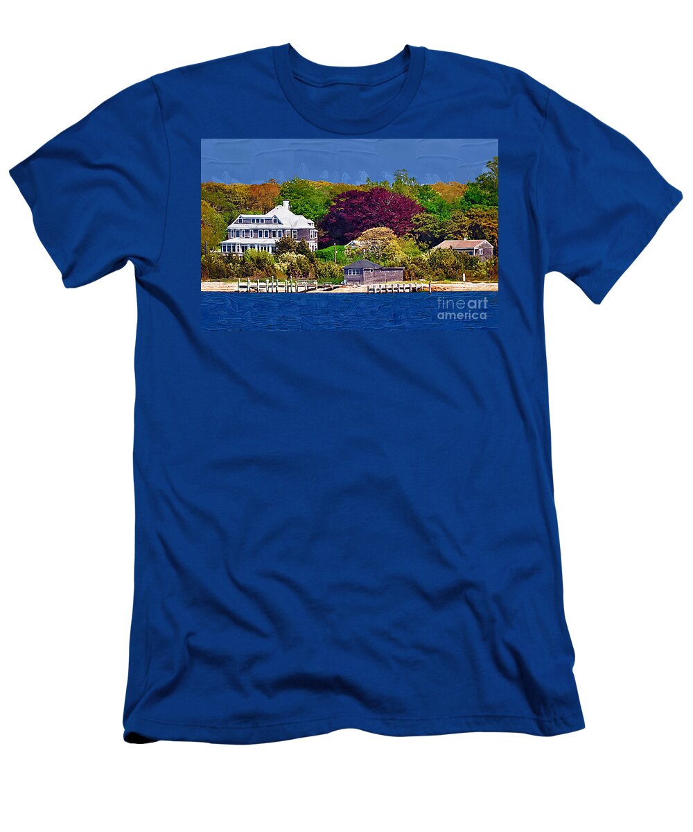 New England; Beach; Coastal; Shoreline; Summer Homes; Houses; Docks; Sea; Ocean; Marthas Vineyard; Trees; Nature; Natural; Kirt Tisdale T-Shirt featuring the painting Summer at the Shore by Kirt Tisdale