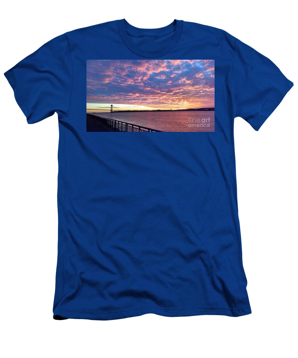 Sunset Over Verrazano Bridge And Narrows Waterway T-Shirt featuring the photograph Sunset Over Verrazano Bridge and Narrows Waterway by John Telfer