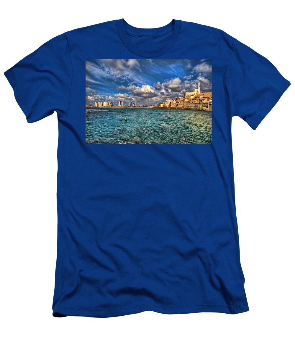 Old City T-Shirt featuring the photograph Tel Aviv Jaffa shoreline by Ron Shoshani