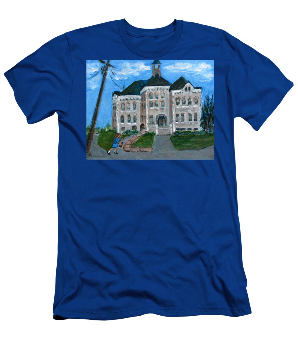 Painting Of Canajoharie Landmark T-Shirt featuring the painting The Last Bell at West Hill School by Betty Pieper