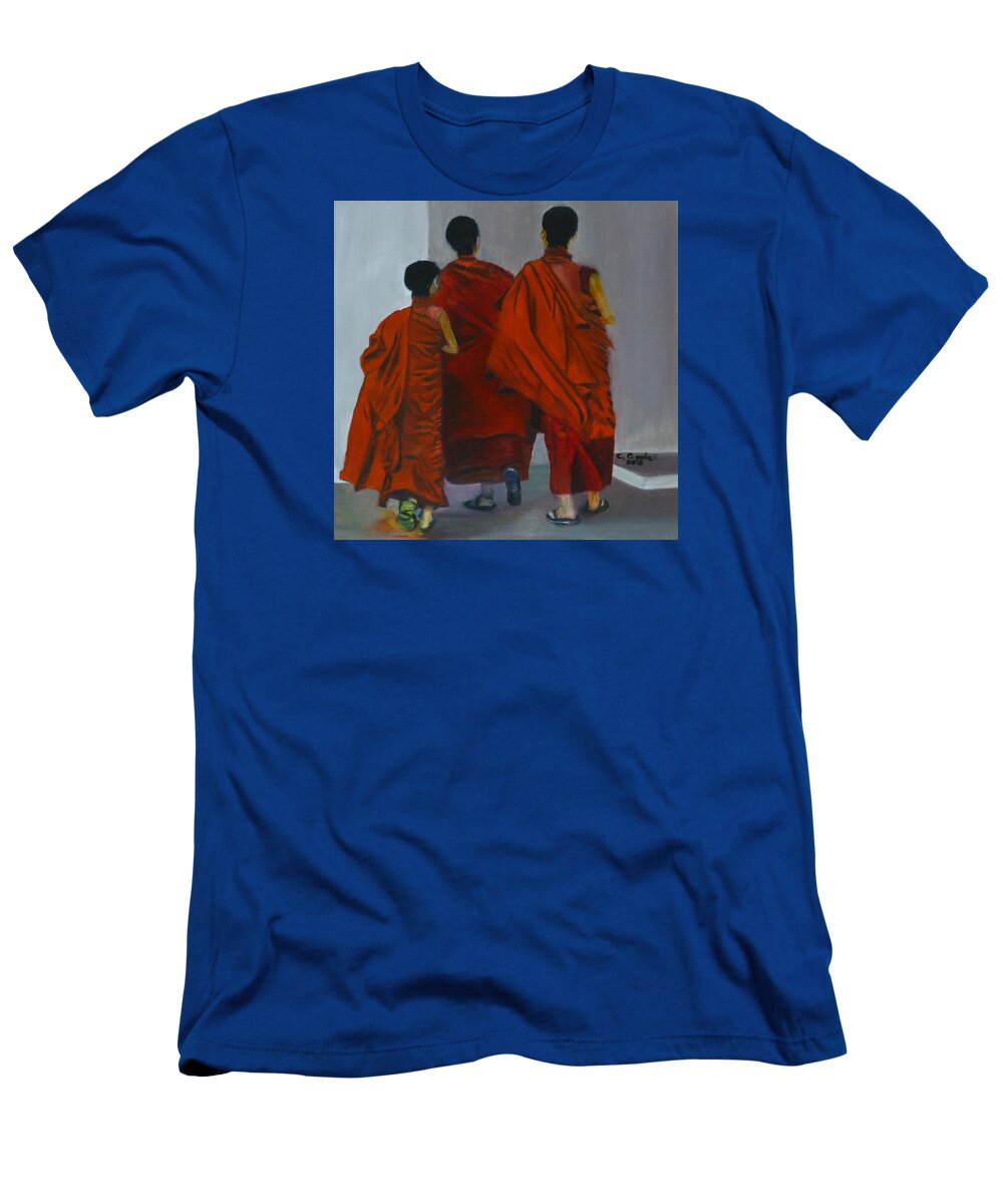 Three T-Shirt featuring the painting Three Young Monks by Claudia Goodell