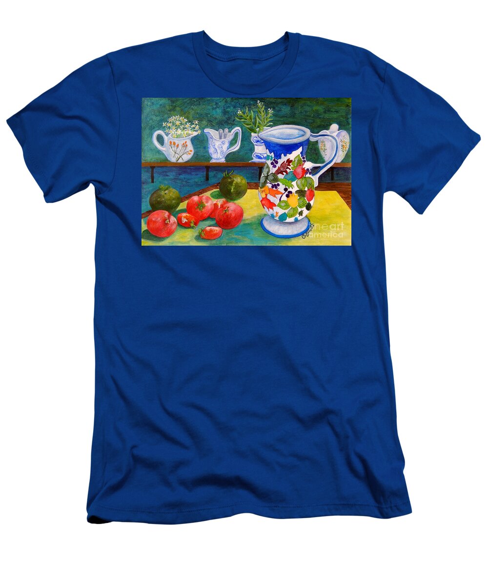 Still-life T-Shirt featuring the painting Tomatoes and Milk Jugs by Caroline Street