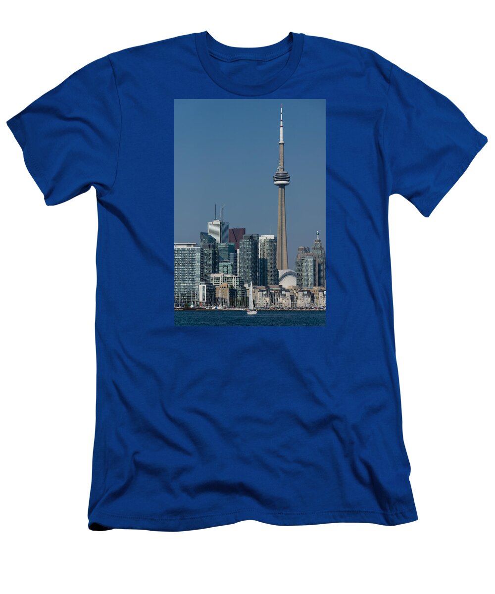 Georgia Mizuleva T-Shirt featuring the photograph Up Close and Personal - CN Tower Toronto Harbor and Skyline From a Boat by Georgia Mizuleva
