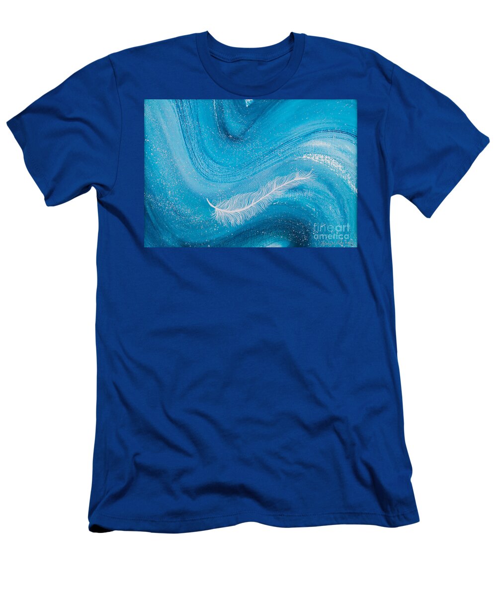 Feather T-Shirt featuring the painting White spiritual feather on pale blue wave by Carolyn Bennett by Simon Bratt