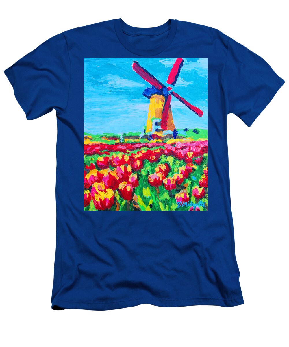 Holland T-Shirt featuring the painting Windmill and Tulips #1 by Tommy Midyette