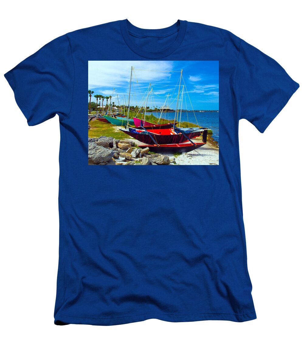 Sail T-Shirt featuring the painting Outriggers-3 by Allan Hughes