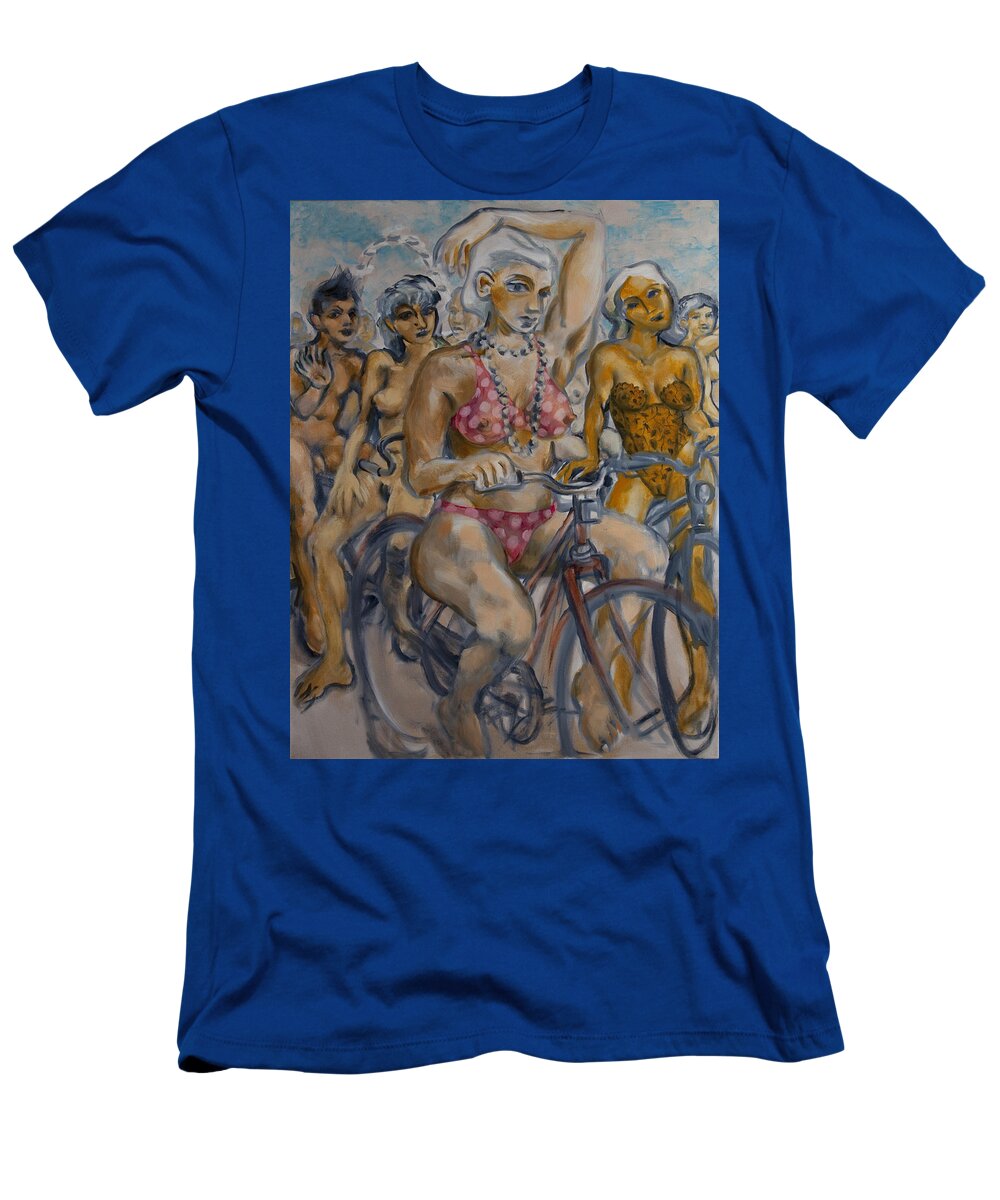 Nudes T-Shirt featuring the painting Painted ladies on the naked bike ride take a break in view of the London Eye by Peregrine Roskilly