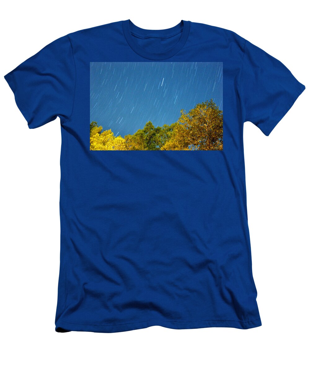 Night T-Shirt featuring the photograph Star Trails on a Blue Sky by Kay Lovingood