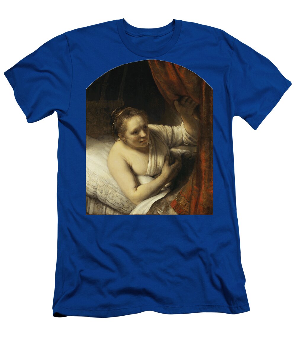 Rembrandt Van Rijn T-Shirt featuring the painting A Woman in Bed by MotionAge Designs