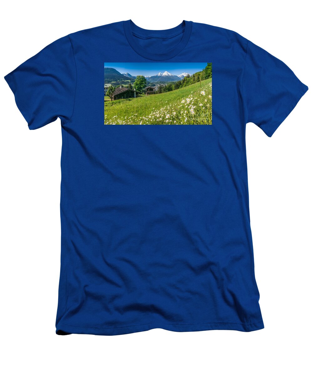Alpen T-Shirt featuring the photograph Bavarian Alps with beautiful flowers and Watzmann in springtime, #1 by JR Photography