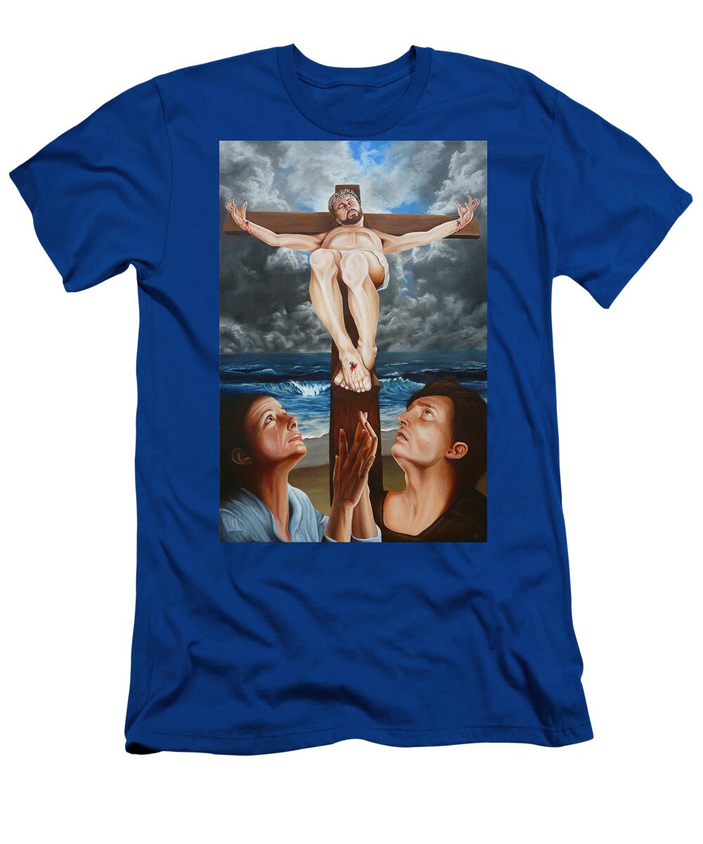 Christ T-Shirt featuring the painting Behold Your Son by Vic Ritchey