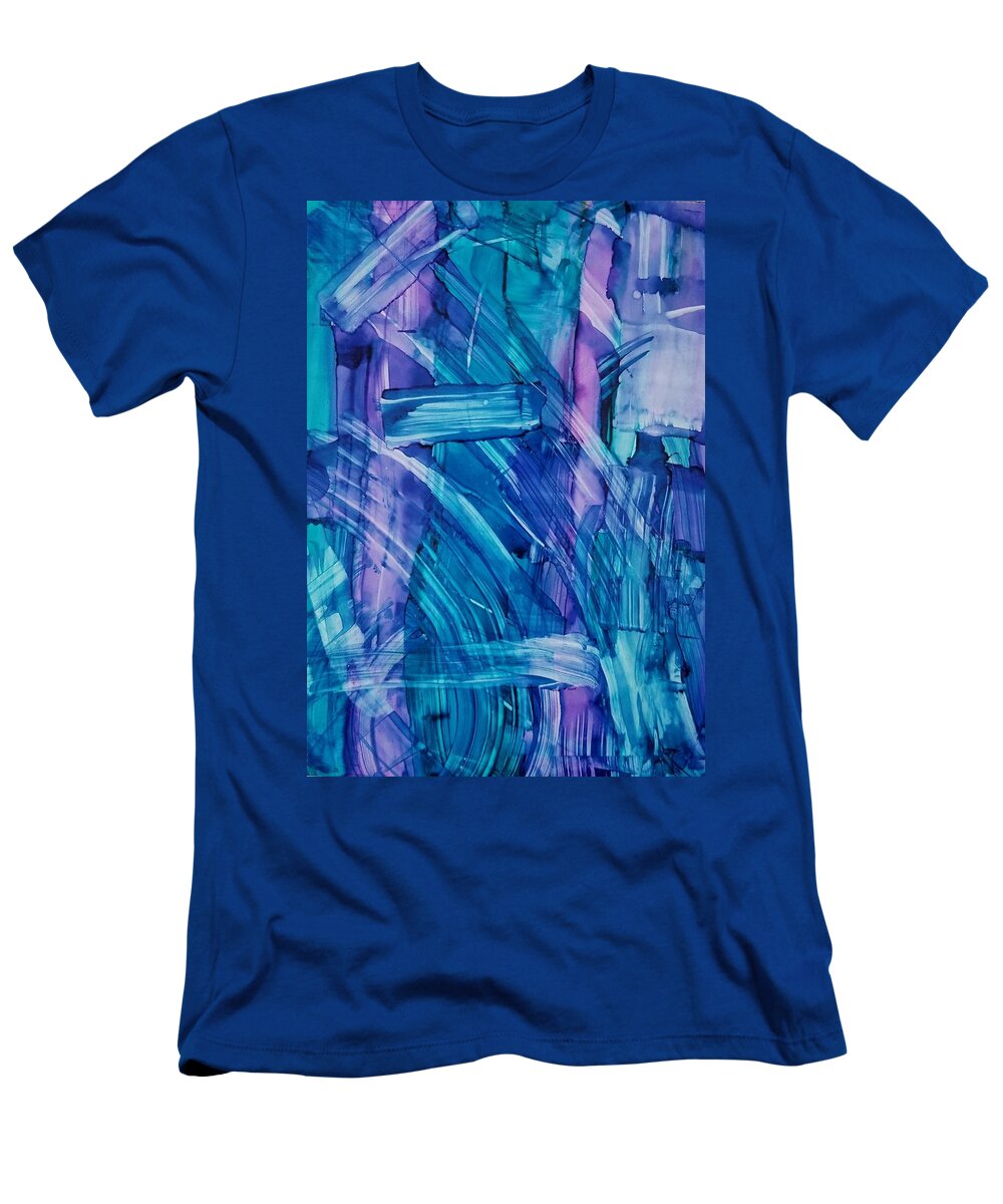 Alcohol Ink Abstract On Yupo T-Shirt featuring the painting Blues #1 by Donna Perry