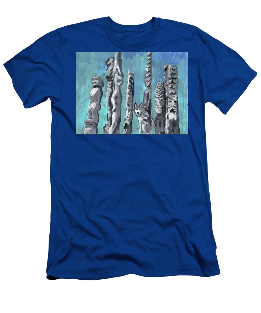 Hawaii T-Shirt featuring the painting Hiding with Tikis #1 by Karen Ferrand Carroll