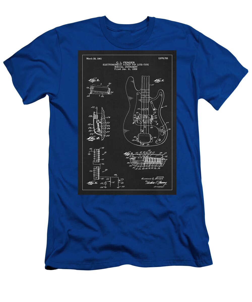 Bass T-Shirt featuring the photograph Patent Drawing for the 1959 Electromagnetic Pickup For Lute Type Musical Instrument by C. L. Fender #1 by SP JE Art