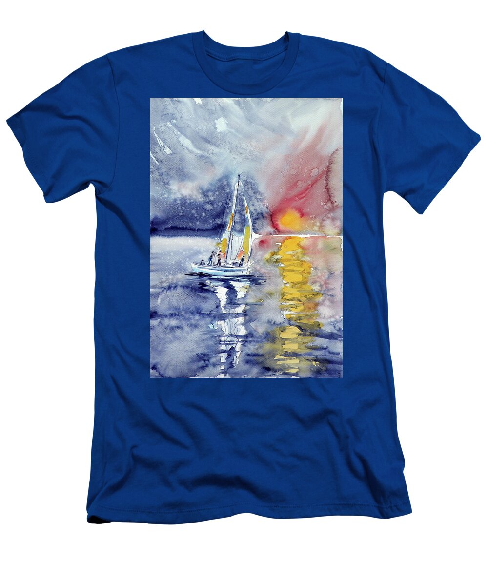 Sailboat T-Shirt featuring the painting Sailboat at sunset #1 by Kovacs Anna Brigitta