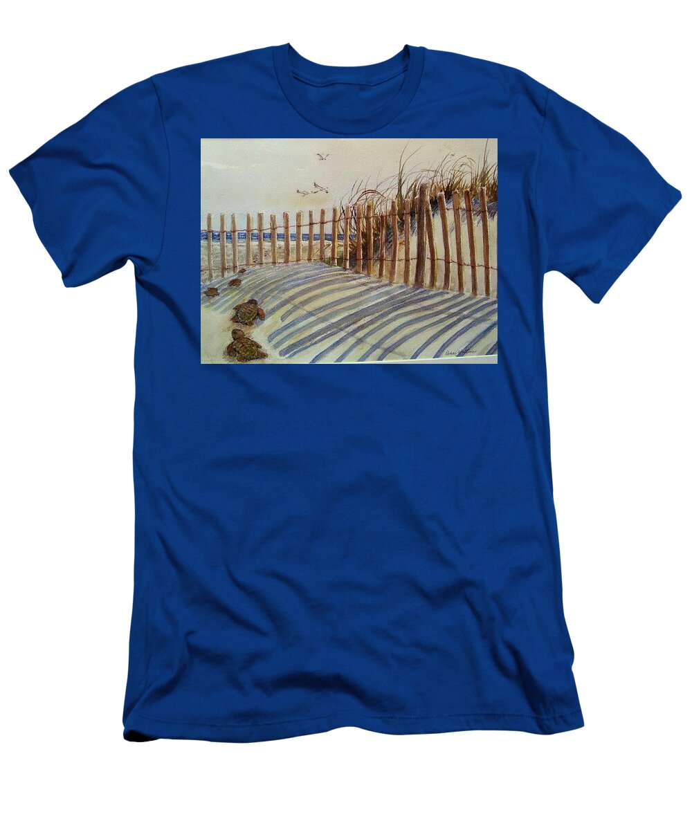 Sand T-Shirt featuring the painting Sand Fence #1 by Bobby Walters