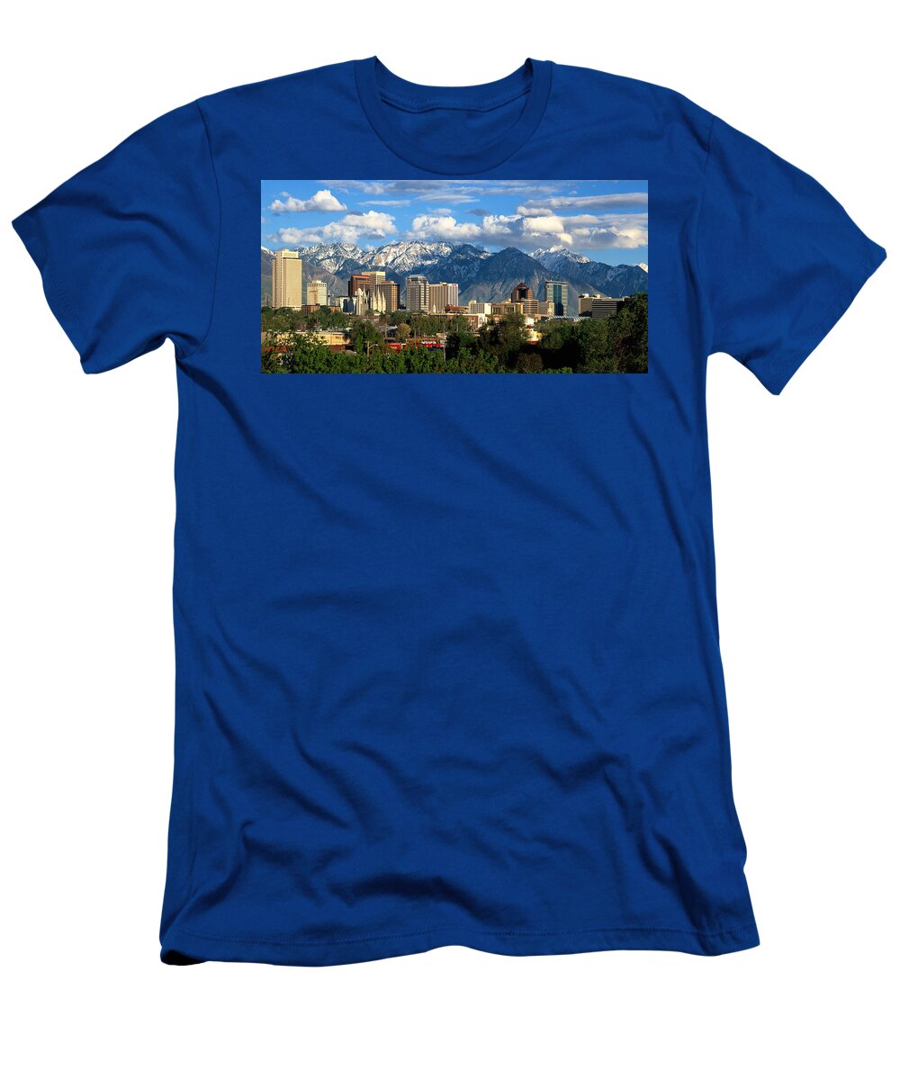 Wasatch Mountains T-Shirt featuring the photograph Salt Lake City Skyline #14 by Douglas Pulsipher