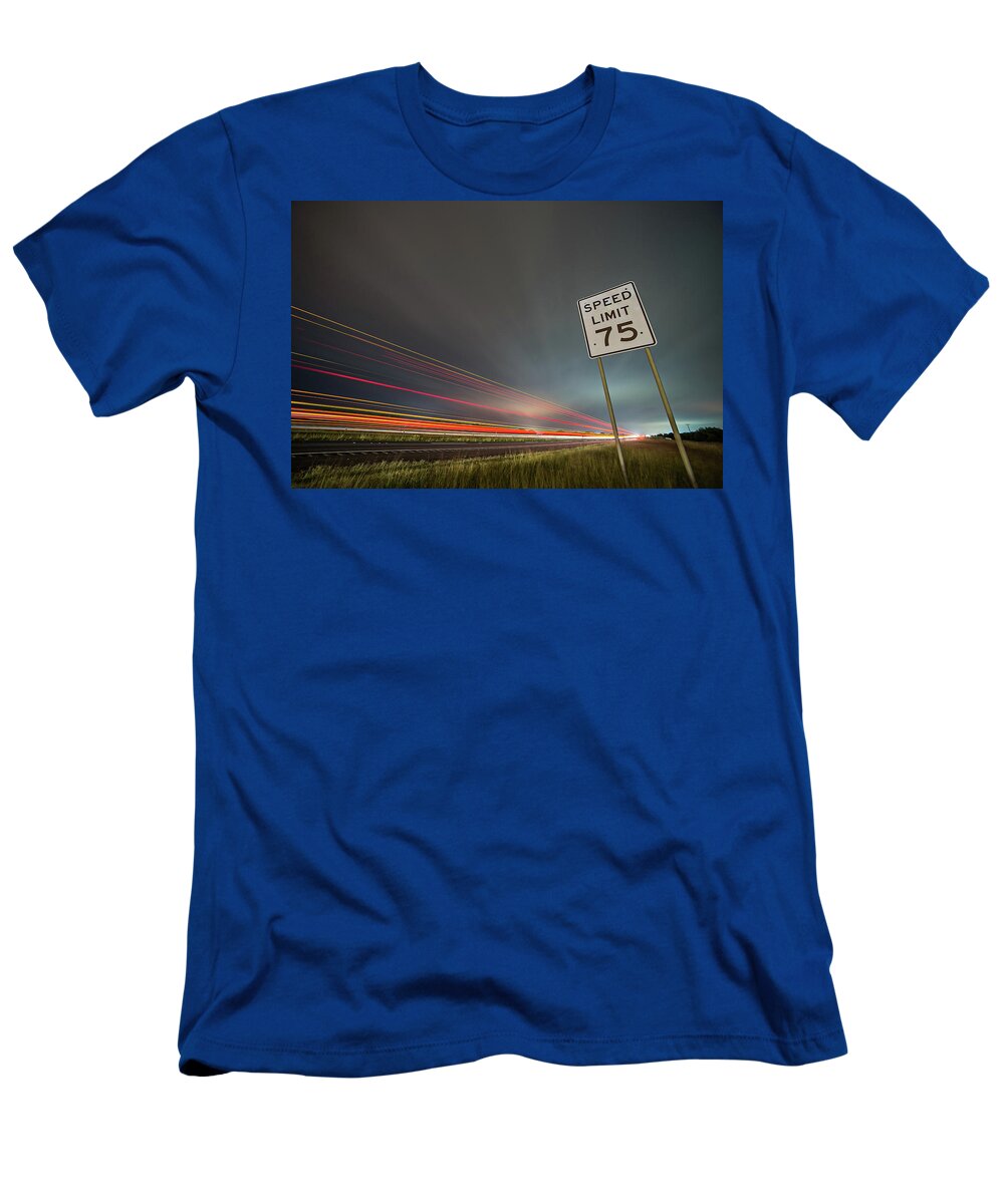 Car T-Shirt featuring the photograph 75np Speed Limit Sign At Night Next To Afreeway At Night by Alex Grichenko