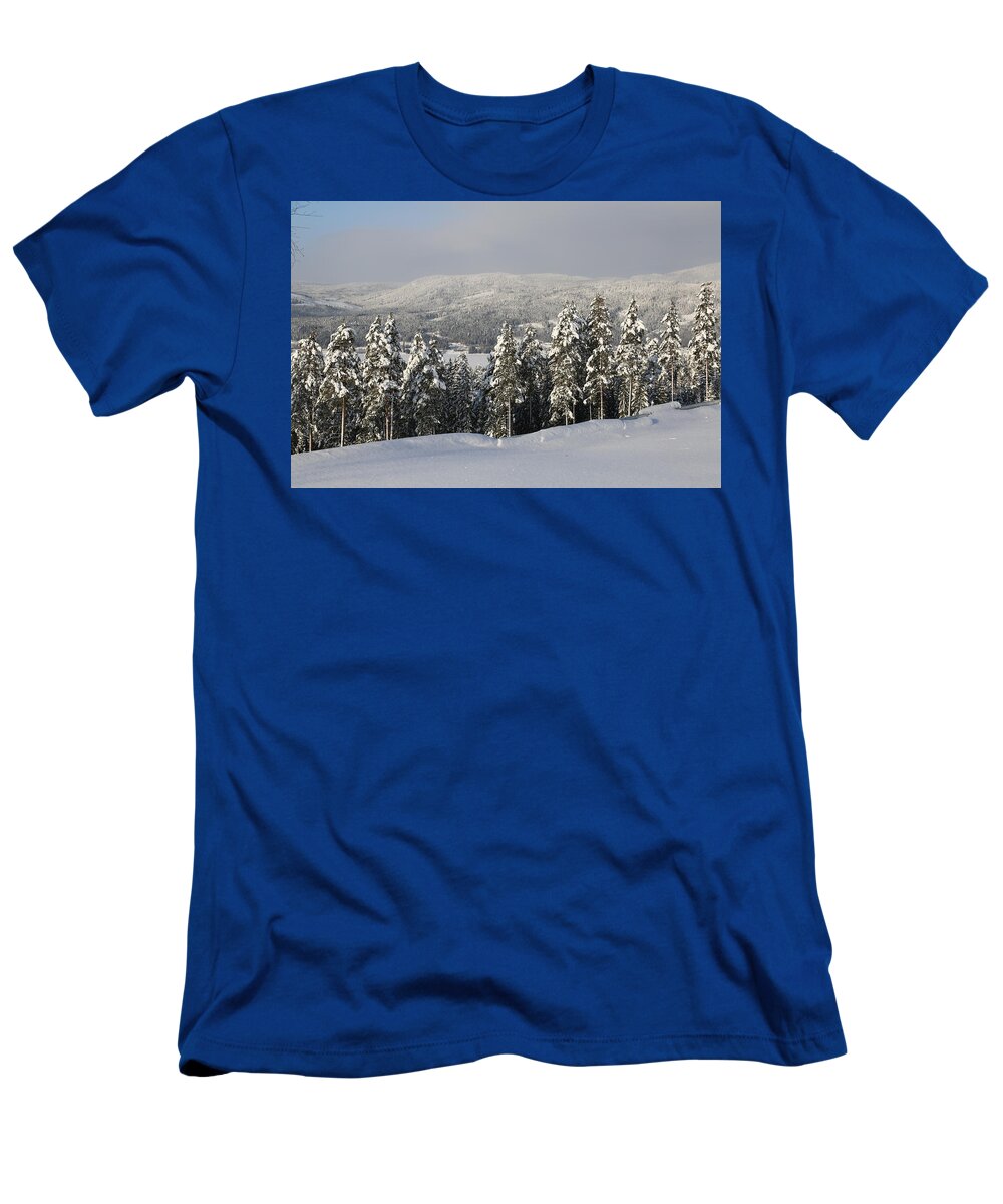Valley Winter Snow Blue Sky Scandinavia Norway Europe Outdoors Nature Landscape Trees View T-Shirt featuring the digital art A Norwegian valley by Jeanette Rode Dybdahl