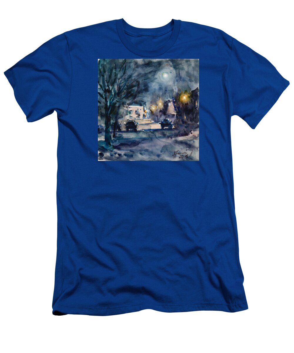 Night T-Shirt featuring the painting A Quiet Cold Night Under the Moon by Ylli Haruni