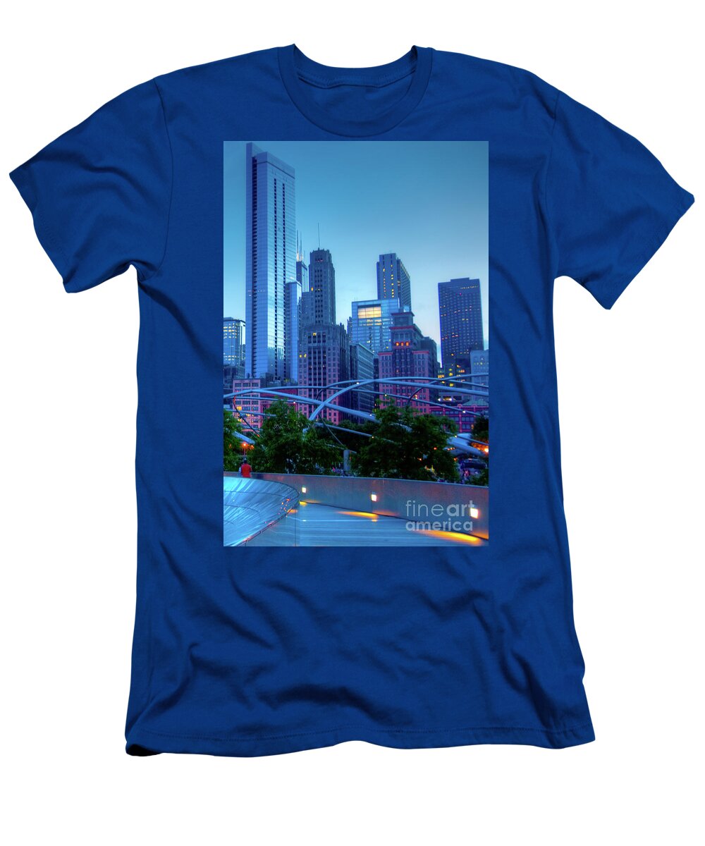 Amoco Bridge T-Shirt featuring the photograph A View of Millenium Park from the Amoco Bridge in Chicago at Dus by David Levin
