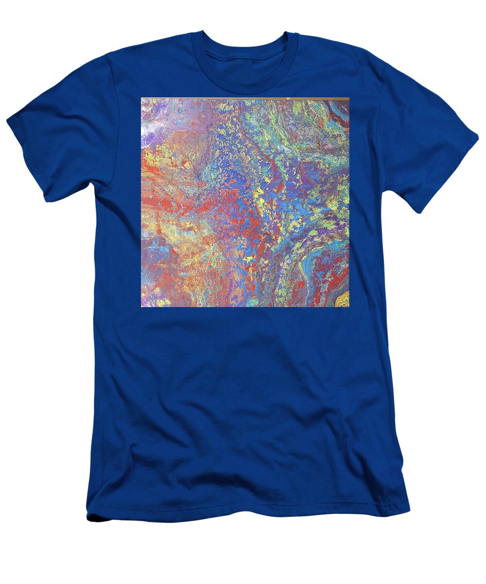 #acrylicpour #acrylicdirtypour #abstractpaintings #abstractacrylics #coolart #coolpaintings #sugarplumtheband #abstractrainbowcolors #abstractartforsale #camvasartprints #originalartforsale #abstractartpaintings T-Shirt featuring the painting Acrylic Dirty Pour with Rainbow colors 12x12 by Cynthia Silverman