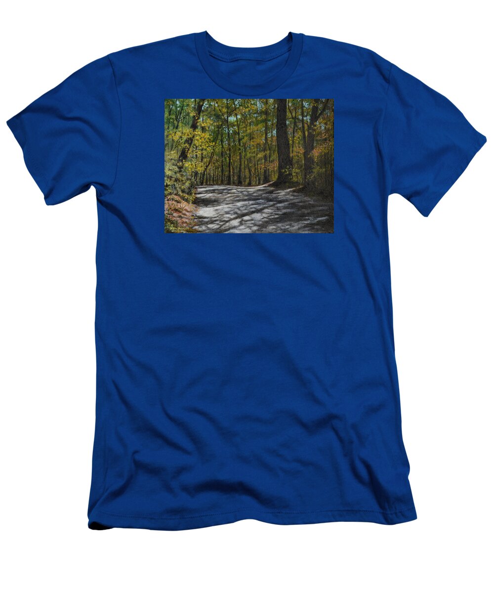 Mountain Road T-Shirt featuring the painting Afternoon Shadows - Oconne State Park by Kathleen McDermott