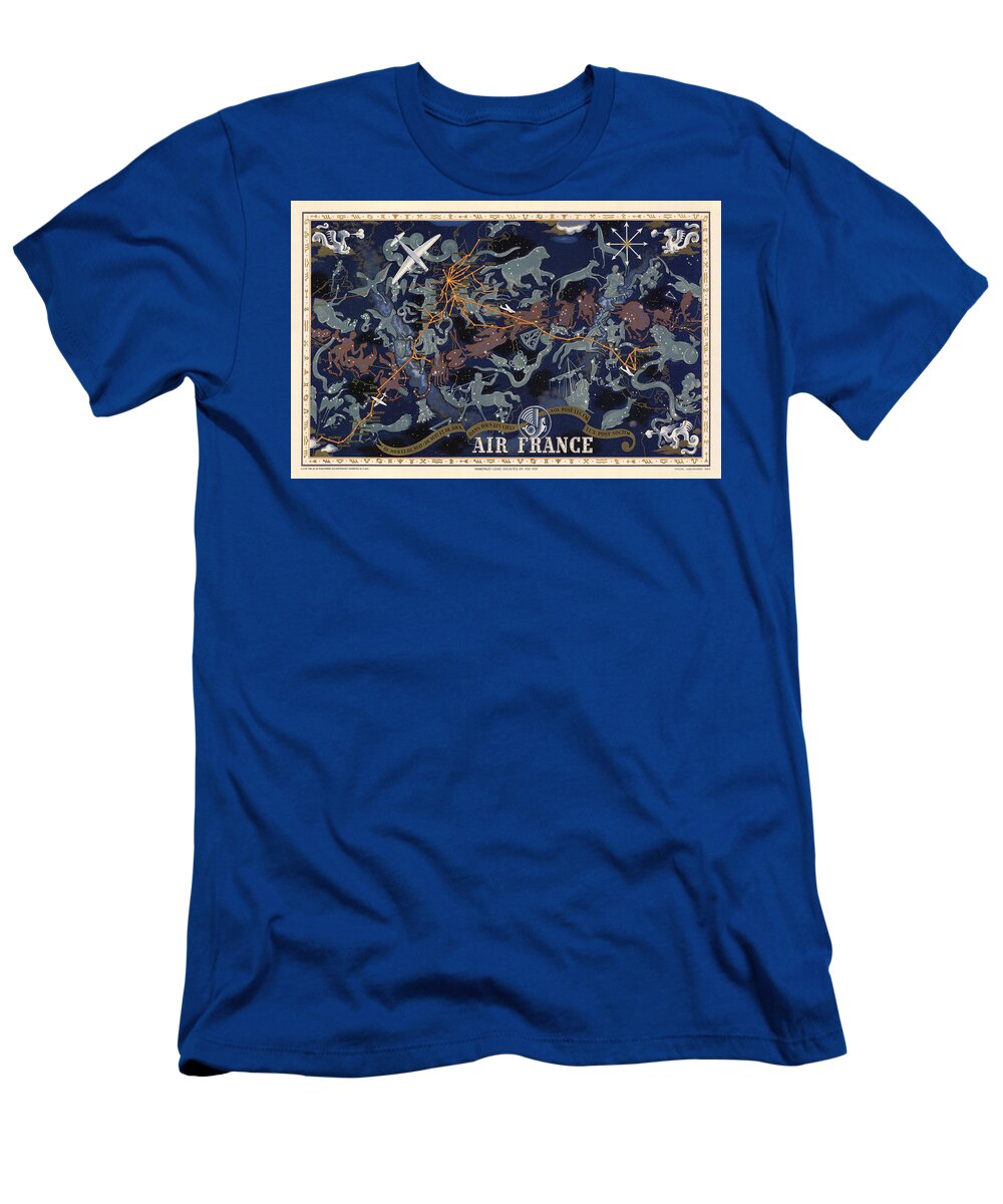 Air France T-Shirt featuring the drawing Air France - Illustrated Poster of the Constellations - Blue - Celestial Map - Celestial Atlas by Studio Grafiikka